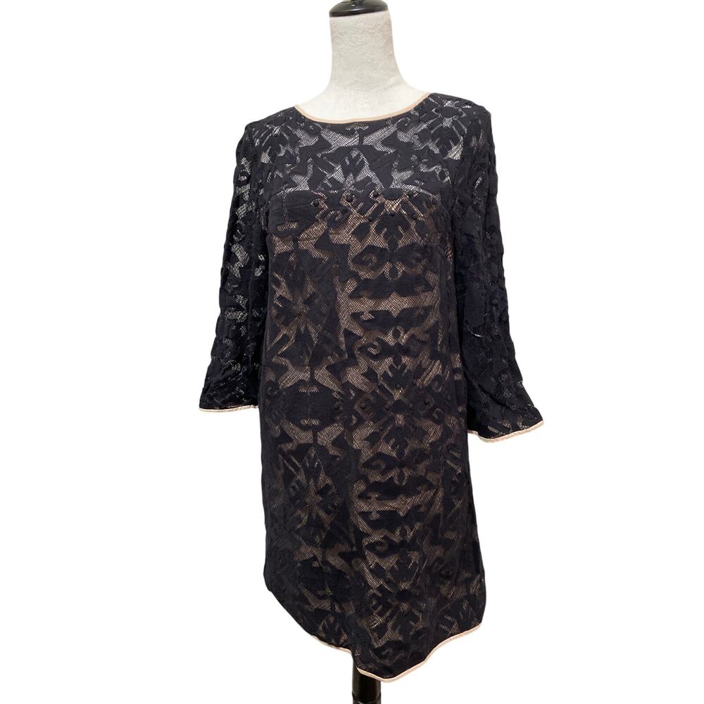 4C 4 Collective Black Dress Size 12 Illusion Lace Shift 3/4 Sleeves Keyhole Back